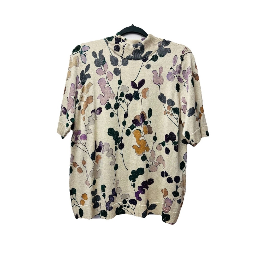 Chico's 2 (L) Floral Metallic Elbow Sleeve Sweater Mock Neck Sprig Dot Cool Boho